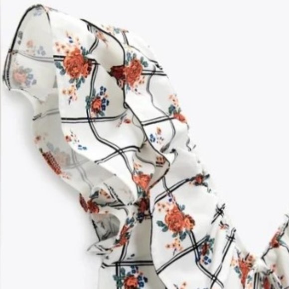 ZARA Floral White FLORAL PANE V-Neck Ruffle Midi Dress - Picture 6 of 8